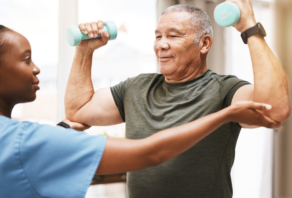 Medical,,training,and,physiotherapy,with,dumbbell,and,old,man,with